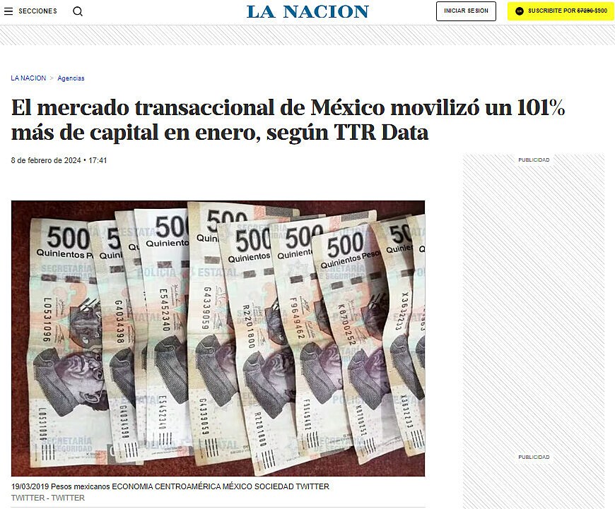 El mercado transaccional de Mxico moviliz un 101% ms de capital en enero, segn TTR Data